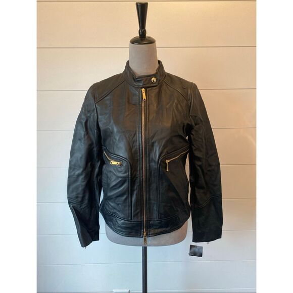 Sam Edelman Real Leather Moto Jacket Black Gold Zip Size Small - Picture 2 of 9